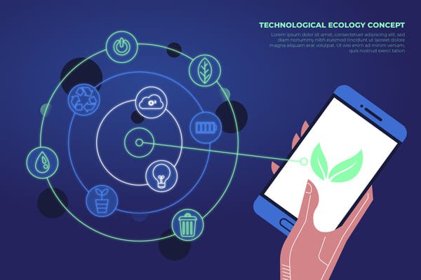 Um diagrama com o planeta Terra no centro, cercado por ilustrações de dinheiro, tecnologia e natureza, representando a responsabilidade ambiental e financeira das Fintechs Verdes.