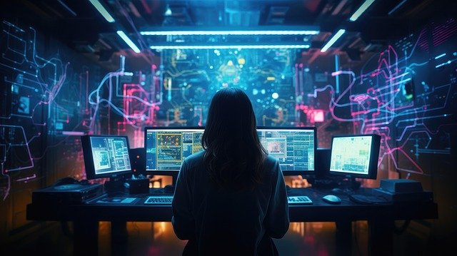 Uma pessoa vista de costas, sentada em uma sala escura e futurista, com vários monitores exibindo dados e códigos complexos com luzes neon.