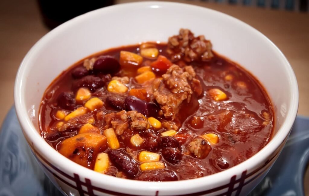 Uma tigela de chili caseiro, fumegante e rico, com pedaços de carne moída, feijão, milho e tomate, que pode ser vendido como um petisco ou prato para gerar renda extra