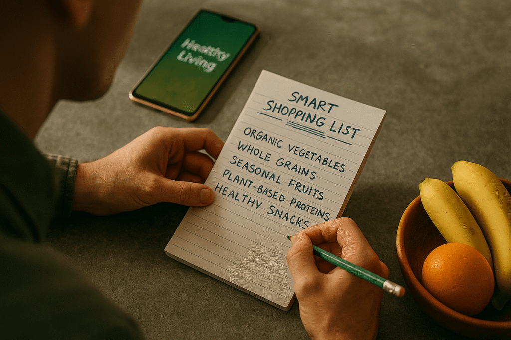 Pessoa escrevendo uma lista de compras inteligente em um caderno, com itens saudáveis como vegetais orgânicos e grãos integrais, enquanto um smartphone e uma tigela com frutas frescas estão sobre a mesa ao lado