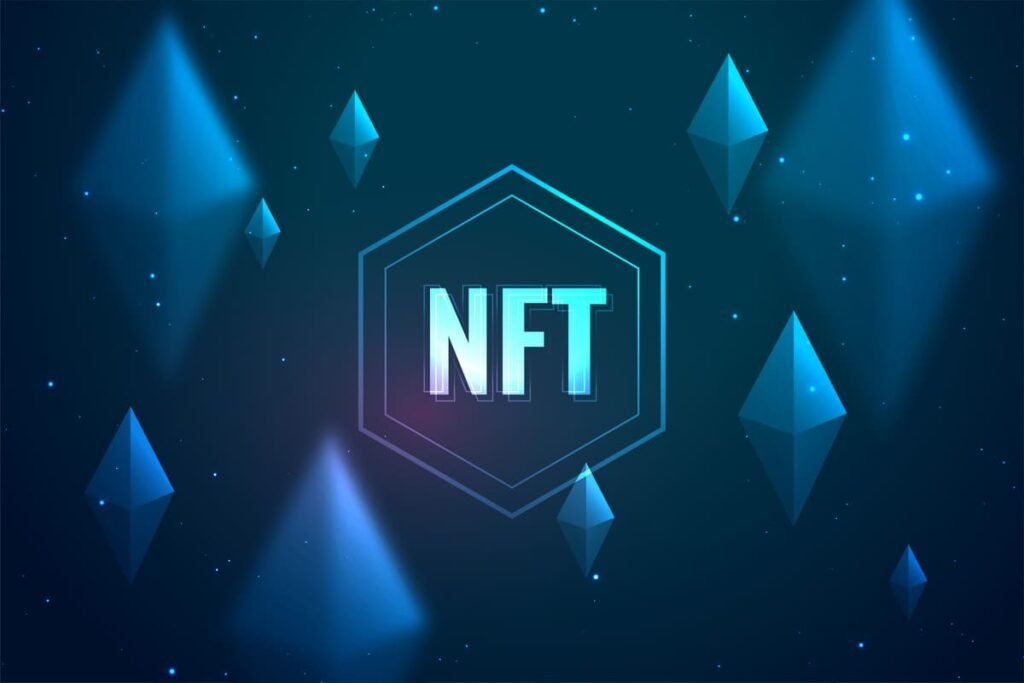 Um fundo azul escuro com formas geométricas brilhantes e a sigla "NFT" em destaque dentro de um hexágono, representando a tecnologia por trás dos tokens não-fungíveis.