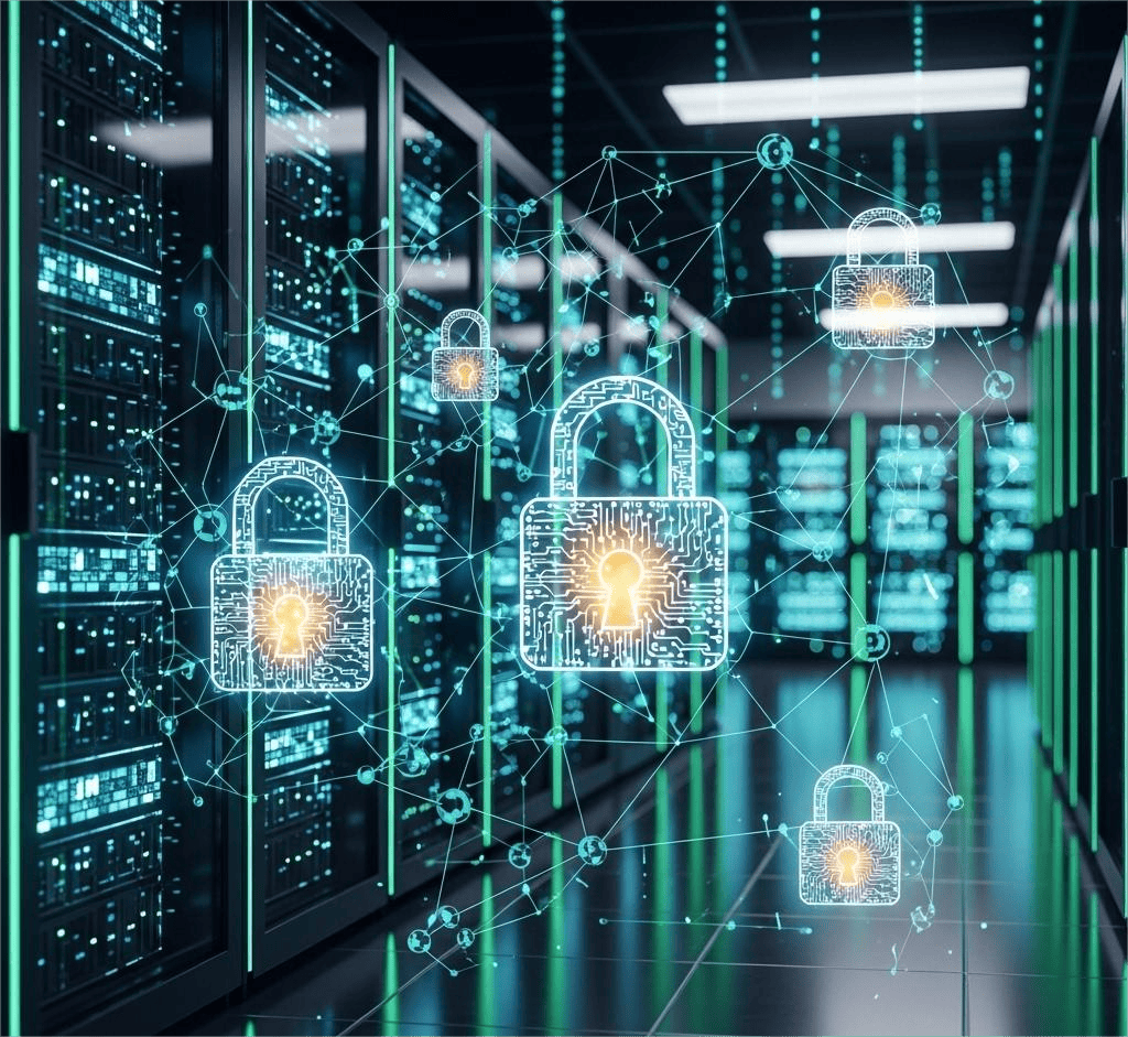 A Tecnologia por Trás das Criptomoedas: Como Tudo Funciona 2 Ambiente de servidor futurista com racks de computadores e cadeados digitais flutuantes, representando o poder computacional da mineração e a segurança da criptografia