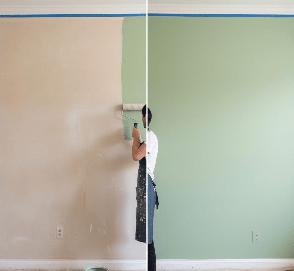 Pessoa pintando uma parede com um rolo, mostrando a divisão entre a parede antes (bege claro) e depois (verde claro), ilustrando a transformação de uma pintura.