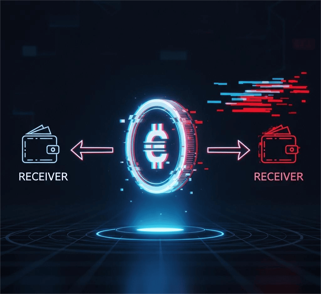 A Tecnologia por Trás das Criptomoedas: Como Tudo Funciona 3 Diagrama do problema do gasto duplo, mostrando uma moeda digital se dividindo em duas transações separadas, uma delas com um efeito de falha visual.