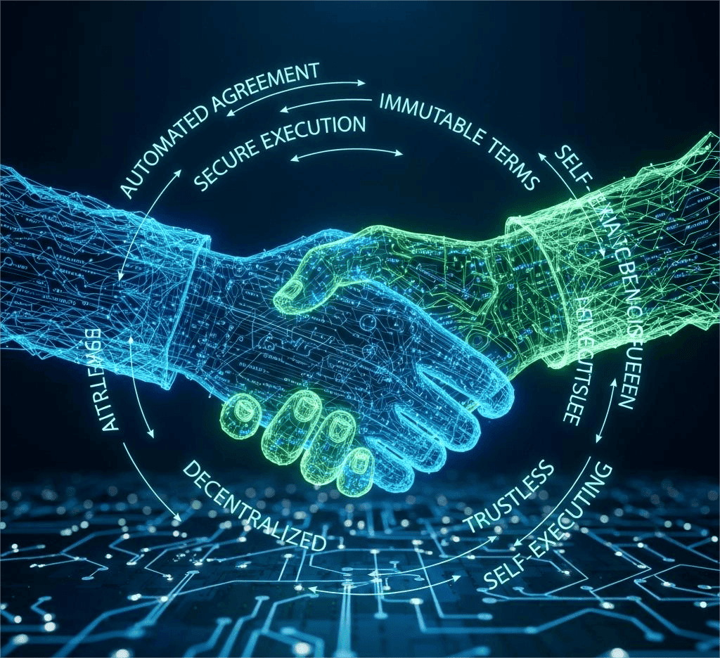 A Tecnologia por Trás das Criptomoedas: Como Tudo Funciona 4 Aperto de mãos digital formado por linhas de código, flutuando sobre um circuito eletrônico, ilustrando um contrato inteligente automatizado e seguro.