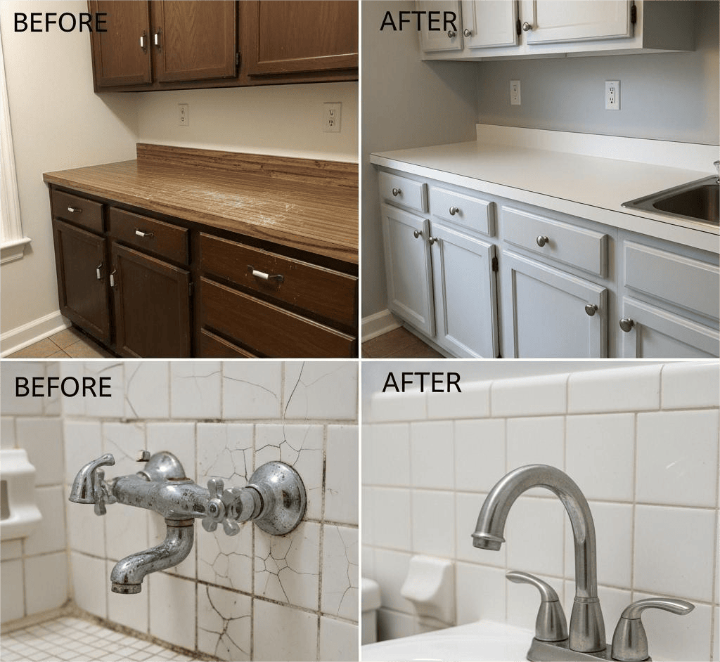 Comparação de antes e depois de uma reforma. No painel de cima, uma cozinha com armários e bancada de madeira escura é transformada em uma cozinha com armários e bancada brancos. No painel de baixo, uma torneira antiga e desgastada em uma parede de azulejos rachados é substituída por uma torneira moderna em azulejos limpos e brancos.