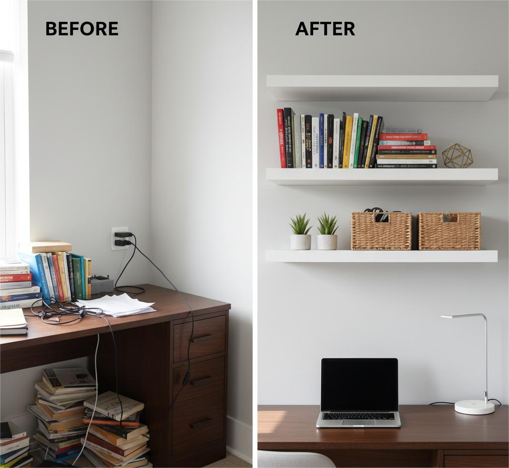 Imagem dividida em 'Antes' e 'Depois'. O lado 'Antes' mostra uma mesa de escritório desorganizada e com muitos livros. O lado 'Depois' mostra a mesma mesa organizada com prateleiras flutuantes com livros e cestos, e um notebook.