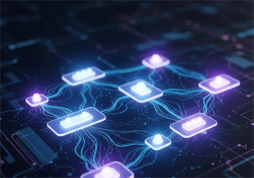 A Tecnologia por Trás das Criptomoedas: Como Tudo Funciona 1 Visualização de uma rede descentralizada, com múltiplos nós (pontos de dados) interligados por uma teia complexa de luz, sem um ponto de controle central.