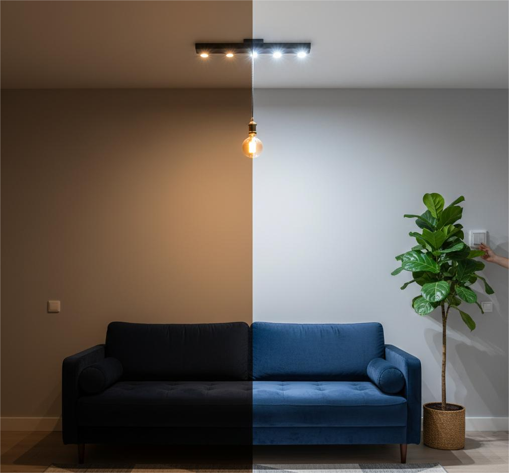 "Imagem dividida em duas metades: a esquerda, um sofá em um cômodo com iluminação fraca e quente; a direita, o mesmo sofá e cômodo, mas com iluminação moderna e branca, mostrando o antes e depois da troca de lâmpadas.