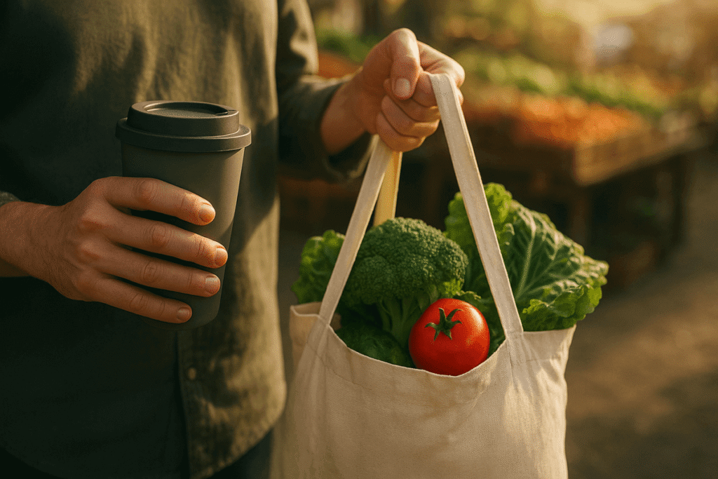Close-up de mãos segurando um copo de café reutilizável e uma sacola de tecido com vegetais frescos em um mercado ao sol, destacando escolhas diárias sustentáveis e positivas