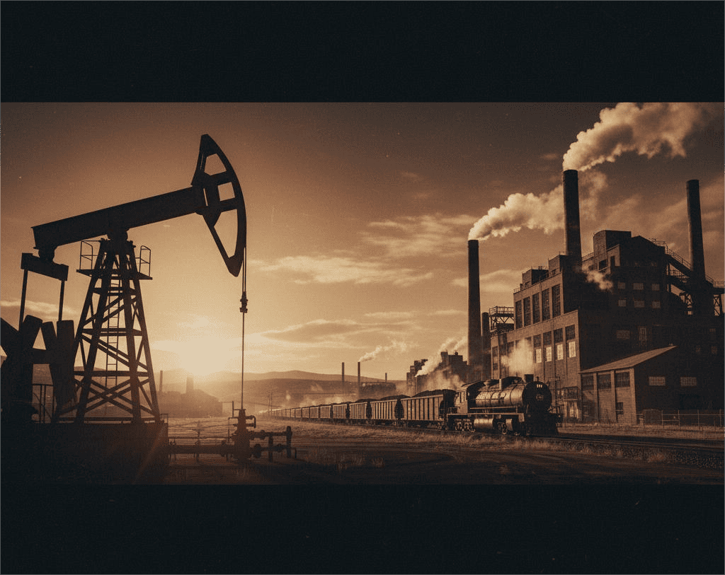 Bomba de petróleo e uma fábrica com chaminés fumegantes, com um trem de carga passando, simbolizando as indústrias que criaram os antigos milionários.
